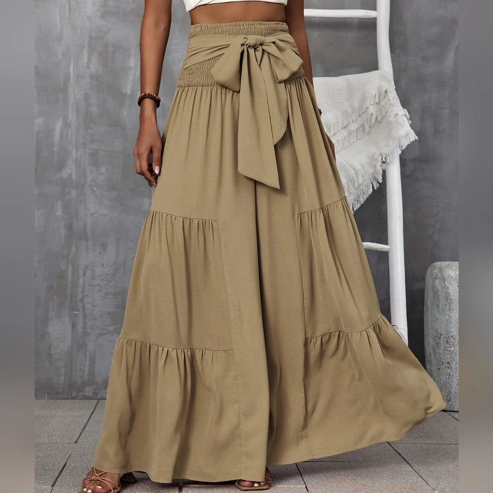 COPY - Shirred Waist Tie Front Ruffle Hem Wide Leg Pants - Picture 1 of 3